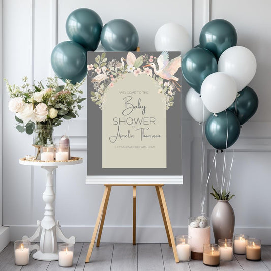 Baby Shower Welcome Sign Template Canva Design Sage Green Garden Decor Floral Accent Blush Pink Botanical Theme Party Decoration Entrance