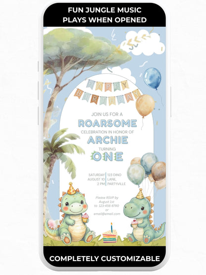1st Dinosaur Birthday Evite – Dino Themed Animated Digital Invitation – Editable Canva Template – Kids Birthday Party Electronic Invite