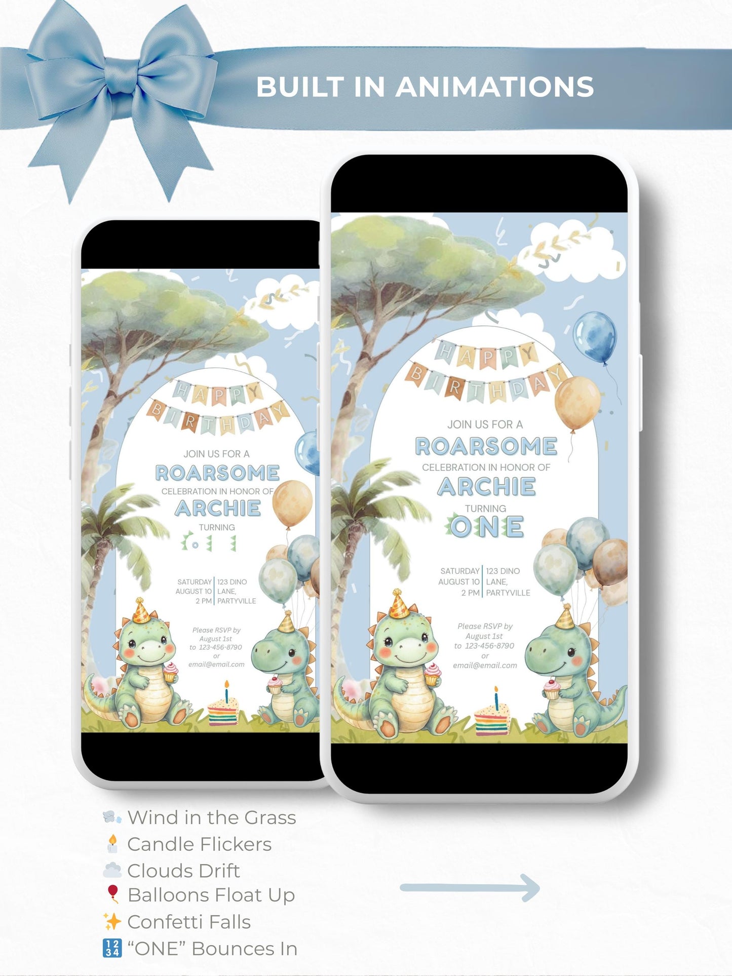 1st Dinosaur Birthday Evite – Dino Themed Animated Digital Invitation – Editable Canva Template – Kids Birthday Party Electronic Invite
