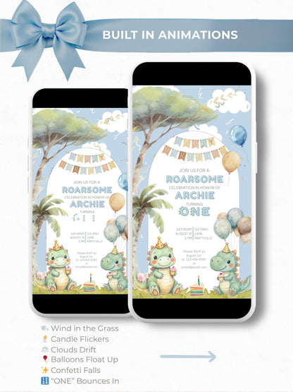 1st Dinosaur Birthday Evite – Dino Themed Animated Digital Invitation – Editable Canva Template – Kids Birthday Party Electronic Invite