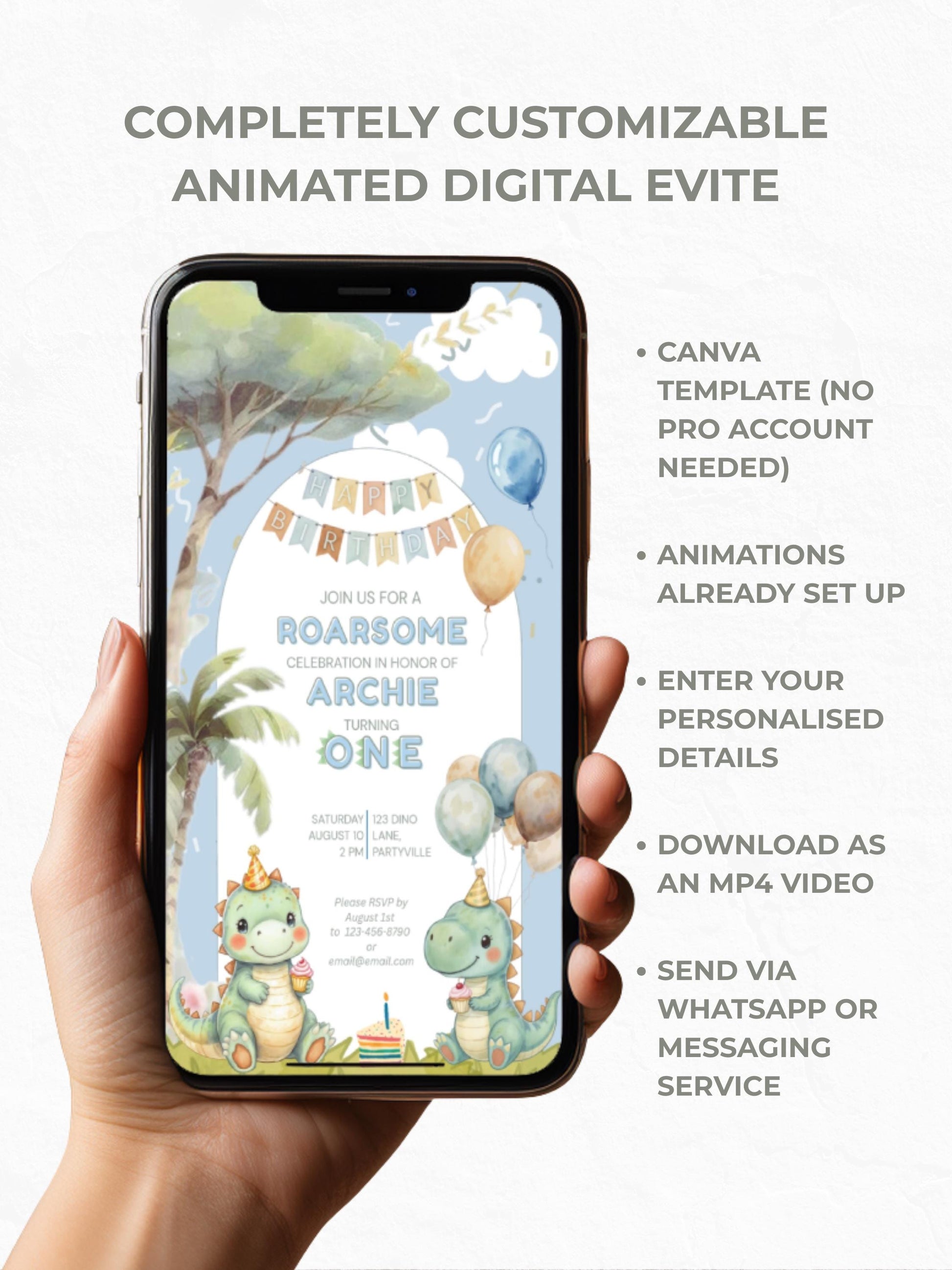 1st Dinosaur Birthday Evite – Dino Themed Animated Digital Invitation – Editable Canva Template – Kids Birthday Party Electronic Invite