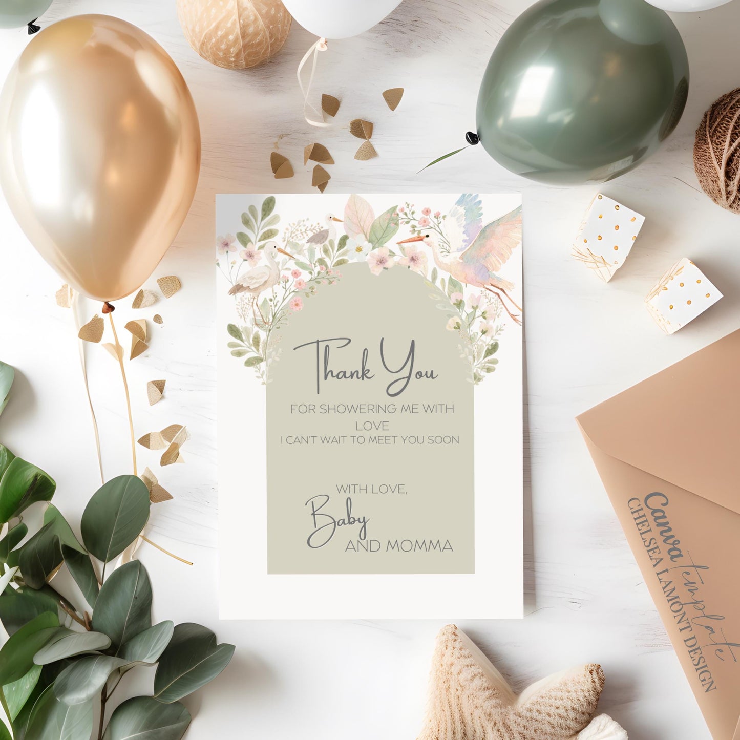 Modern Baby Shower Collection Digital Template Design Elegant Calligraphy Style Watercolor Floral Elements Sage Green Botanical Pattern Thank You Note Package Instant Access Format Customizable Text Options Beautiful Artistic Creation
