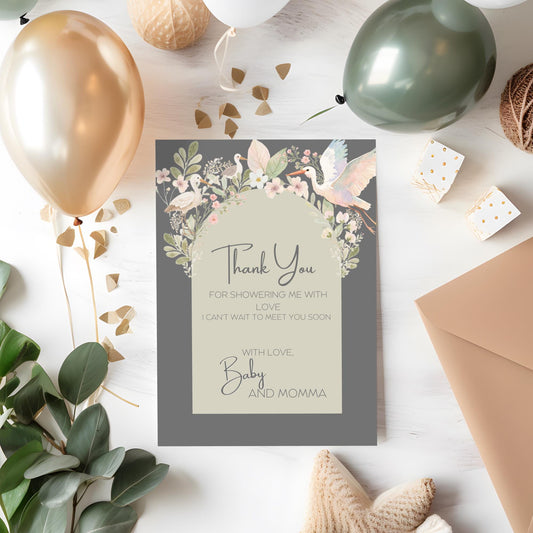 Modern Baby Shower Collection Digital Template Design Elegant Calligraphy Style Watercolor Floral Elements Sage Green Botanical Pattern Thank You Note Package Instant Access Format Customizable Text Options Beautiful Artistic Creation