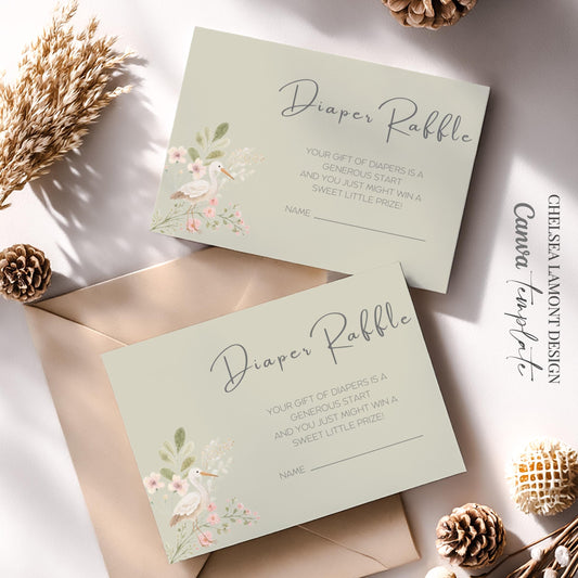 Sage Green Baby Shower Game Digital Template Instant Download Diaper Raffle Ticket Printable Floral Design Custom Editable Format Beautiful Stork Pattern Nature Inspired Graphics Modern Party Planning Essential Easy Customize Template