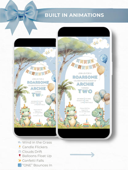 2nd Birthday Dinosaur Evite - Dino Themed Animated Digital Invitation - Editable Canva Template Kids Birthday Party Electronic Invite