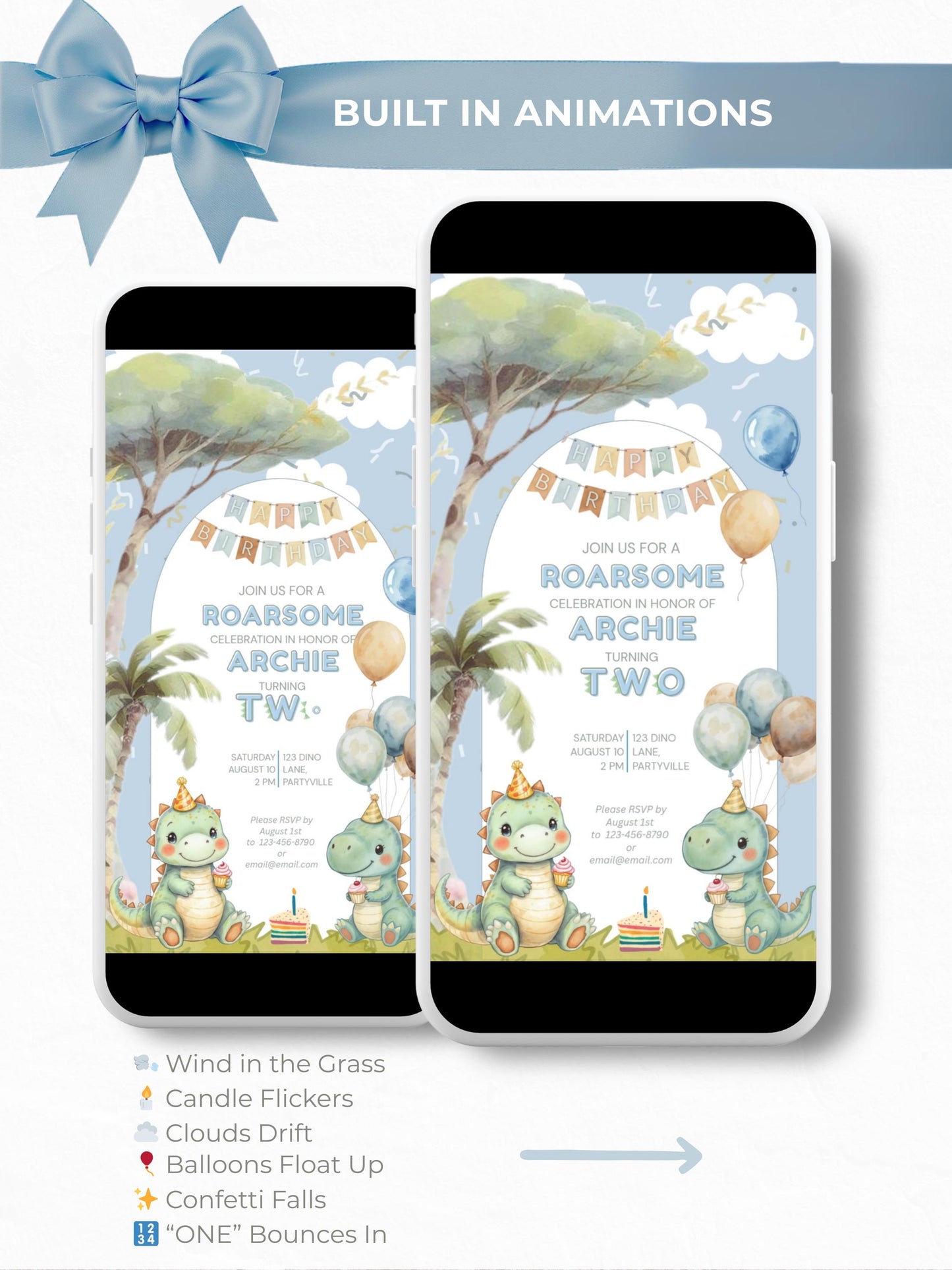2nd Birthday Dinosaur Evite - Dino Themed Animated Digital Invitation - Editable Canva Template Kids Birthday Party Electronic Invite