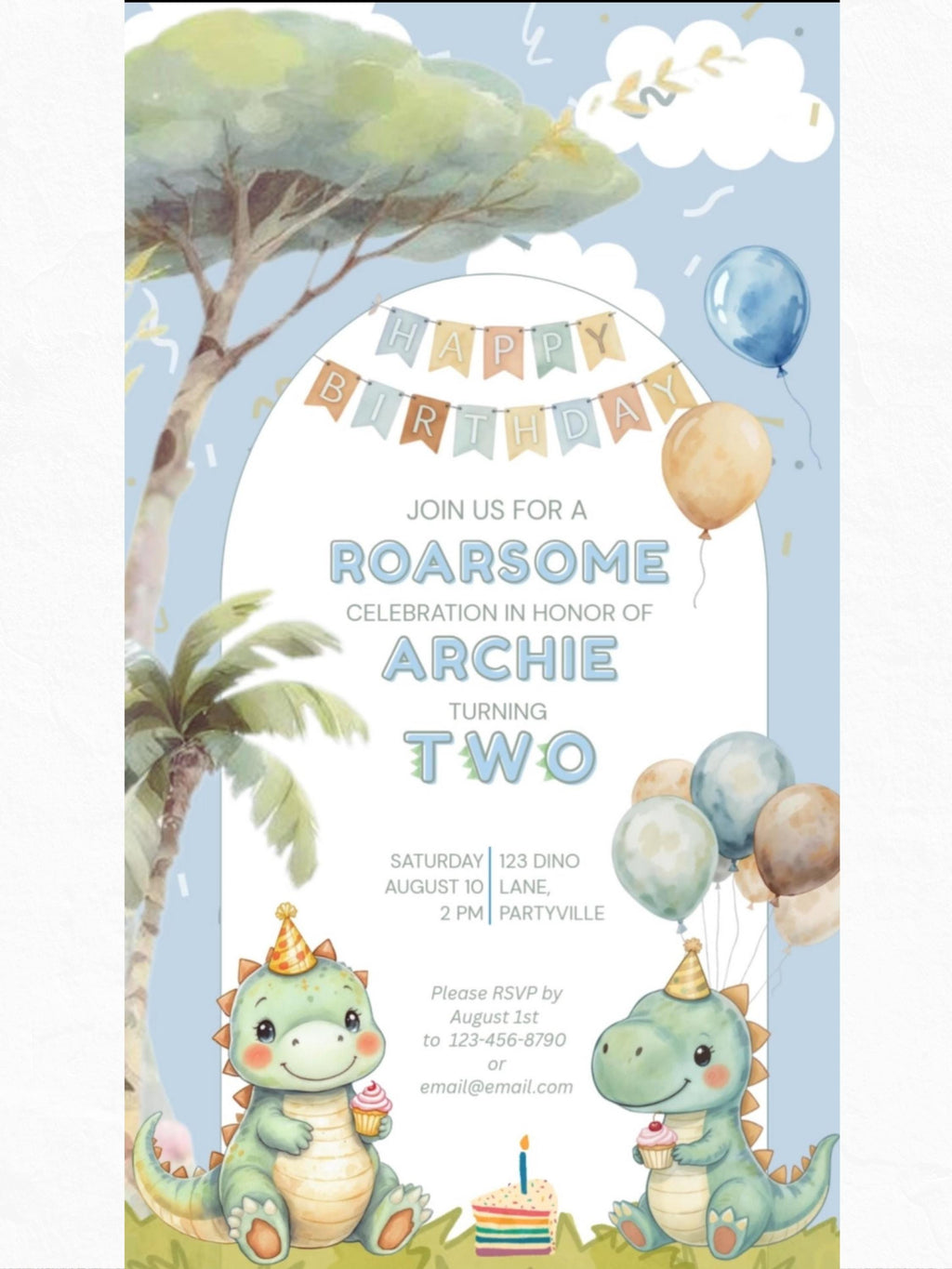 2nd Birthday Dinosaur Evite - Dino Themed Animated Digital Invitation - Editable Canva Template Kids Birthday Party Electronic Invite