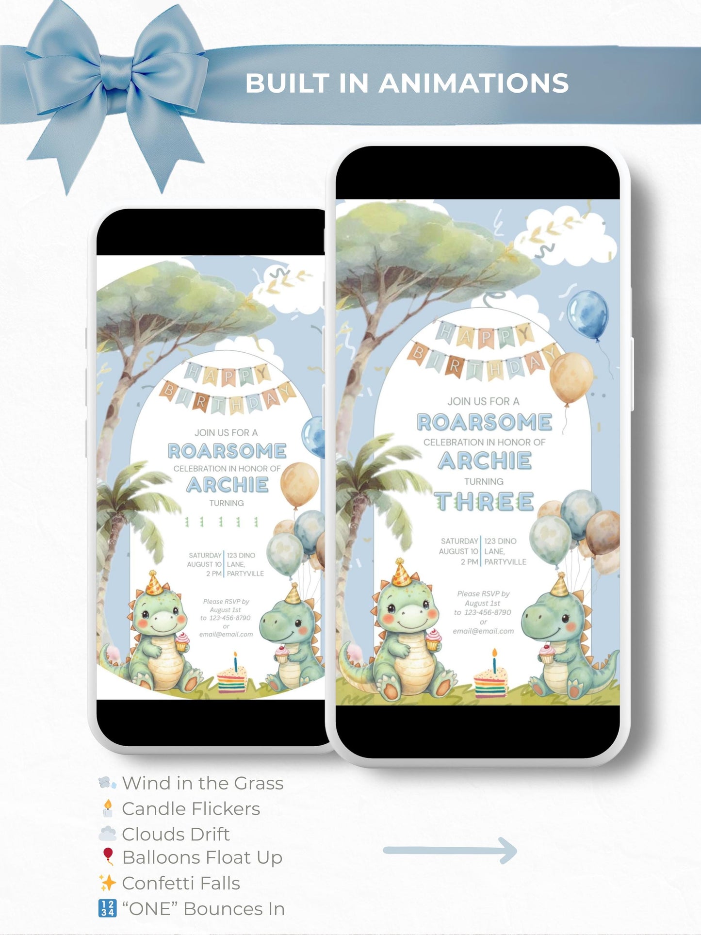 3rd Birthday Dinosaur Evite - Dino Themed Animated Digital Invitation - Editable Canva Template Kids Birthday Party Electronic Invite