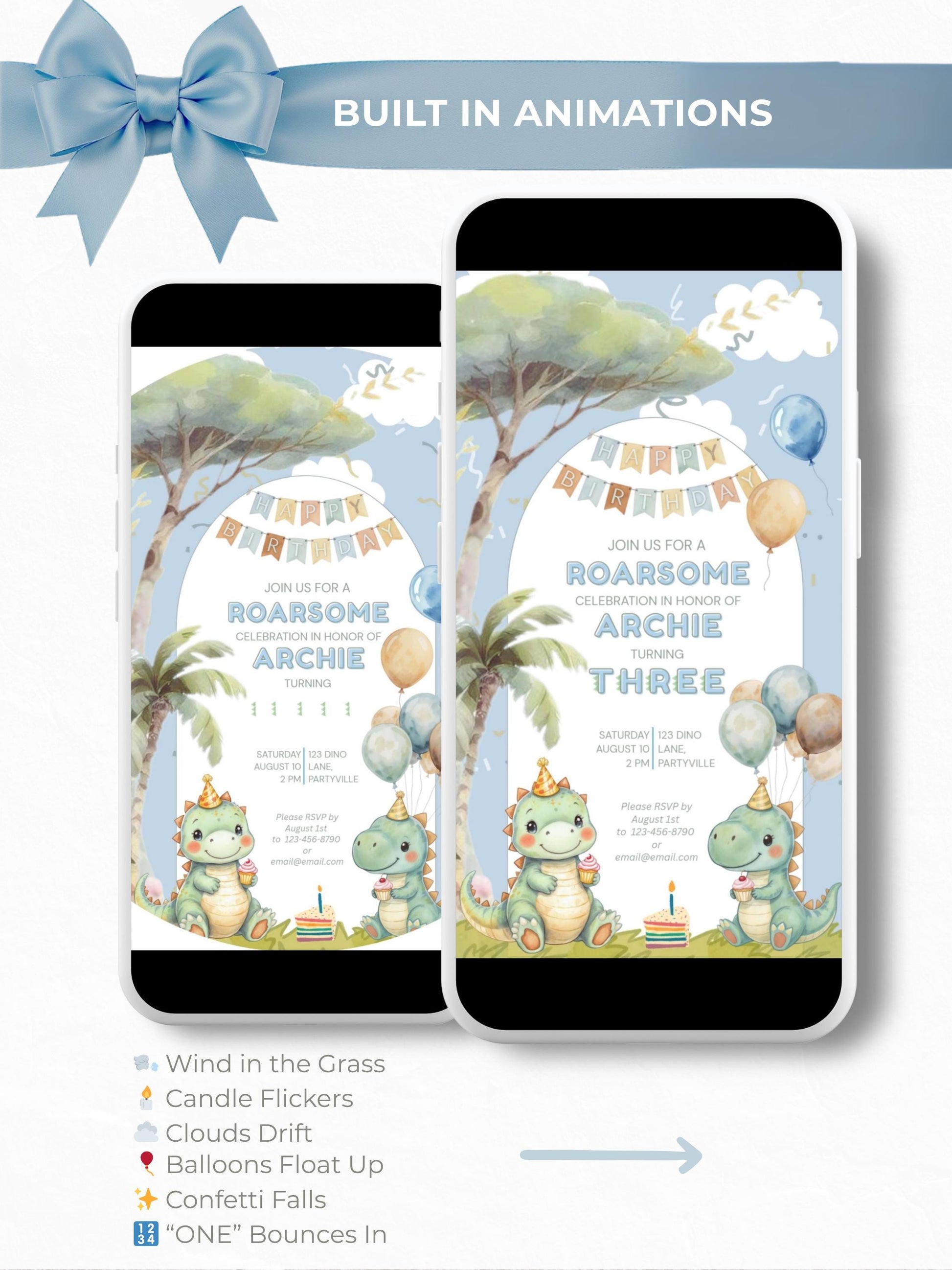 3rd Birthday Dinosaur Evite - Dino Themed Animated Digital Invitation - Editable Canva Template Kids Birthday Party Electronic Invite