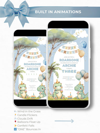 3rd Birthday Dinosaur Evite - Dino Themed Animated Digital Invitation - Editable Canva Template Kids Birthday Party Electronic Invite