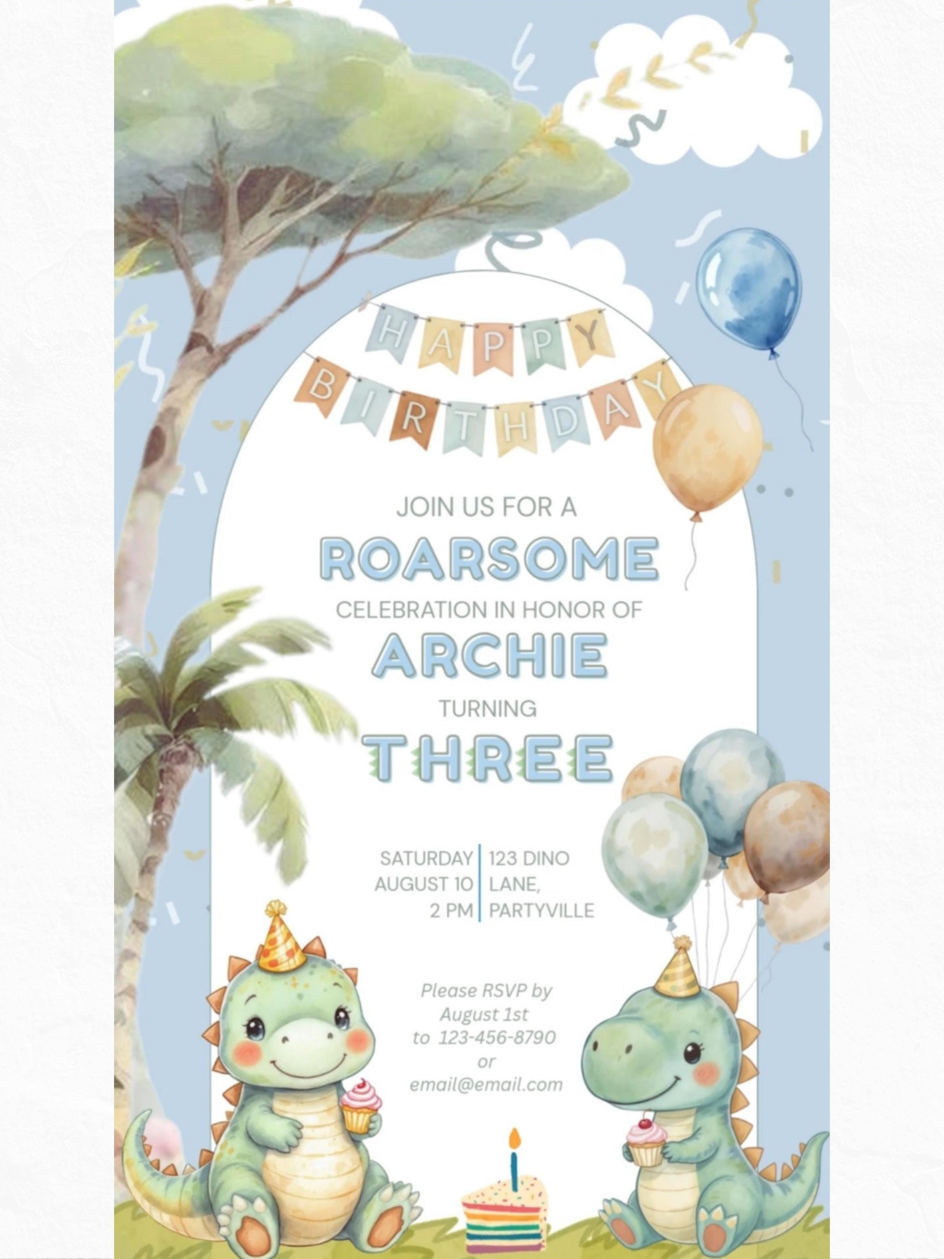 3rd Birthday Dinosaur Evite - Dino Themed Animated Digital Invitation - Editable Canva Template Kids Birthday Party Electronic Invite