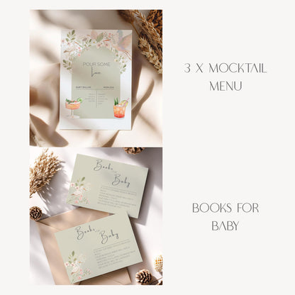 Baby Shower Invitation Suite Botanical Nursery Collection, Floral Design Digital Template Editable File Party Package Mother Gift Sage Green