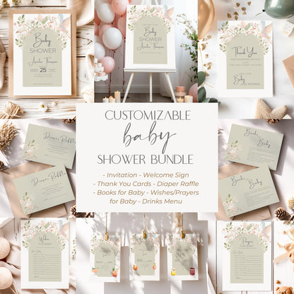 Botanical Baby Shower Digital Template Suite Floral Design Collection Complete Party Package Sage Green Theme Invitation Welcome Sign Thank You Card Wishes Cards Premium Template Bundle Canva Editing Access Modern Design Style Beautiful