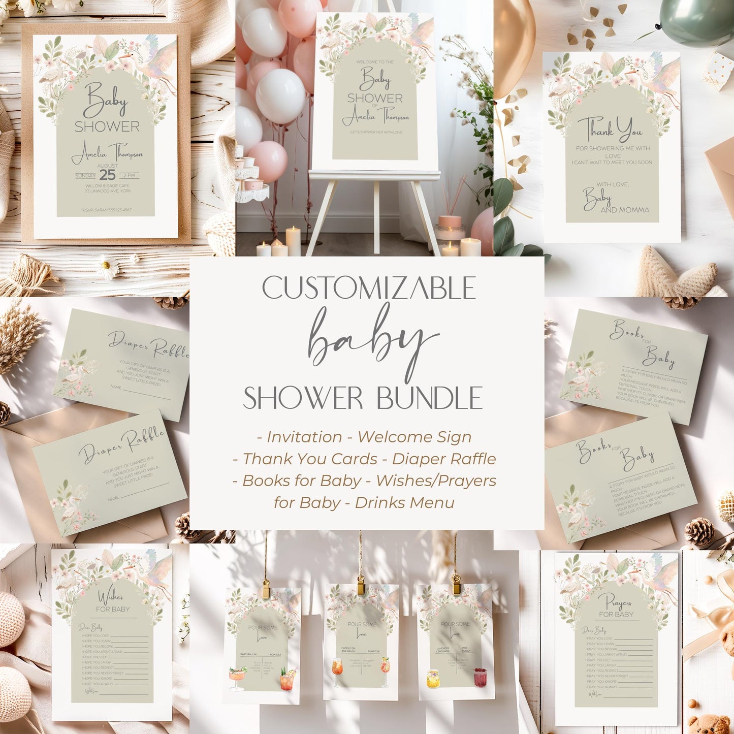 Botanical Baby Shower Digital Template Suite Floral Design Collection Complete Party Package Sage Green Theme Invitation Welcome Sign Thank You Card Wishes Cards Premium Template Bundle Canva Editing Access Modern Design Style Beautiful