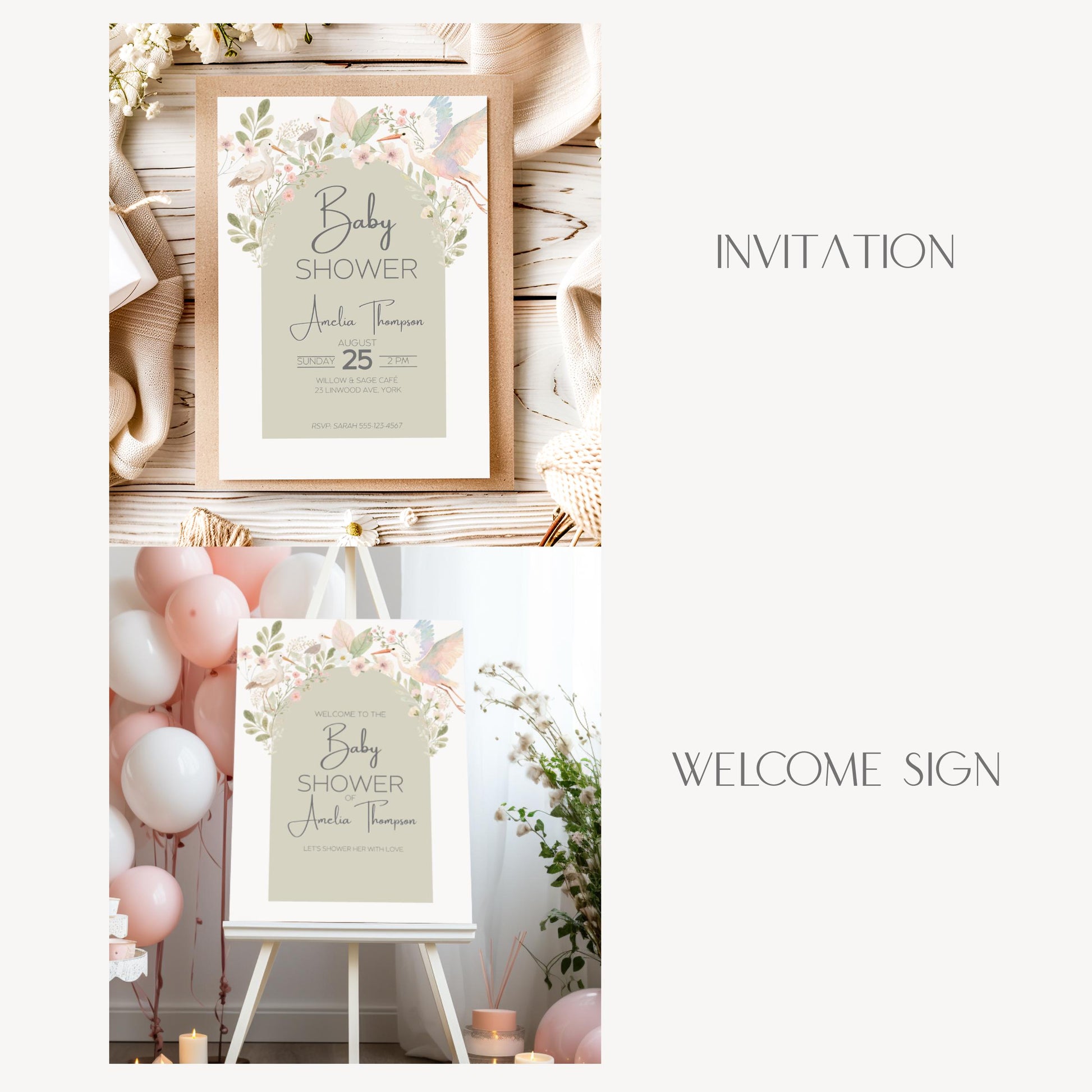 Baby Shower Invitation Suite Botanical Nursery Collection, Floral Design Digital Template Editable File Party Package Mother Gift Sage Green