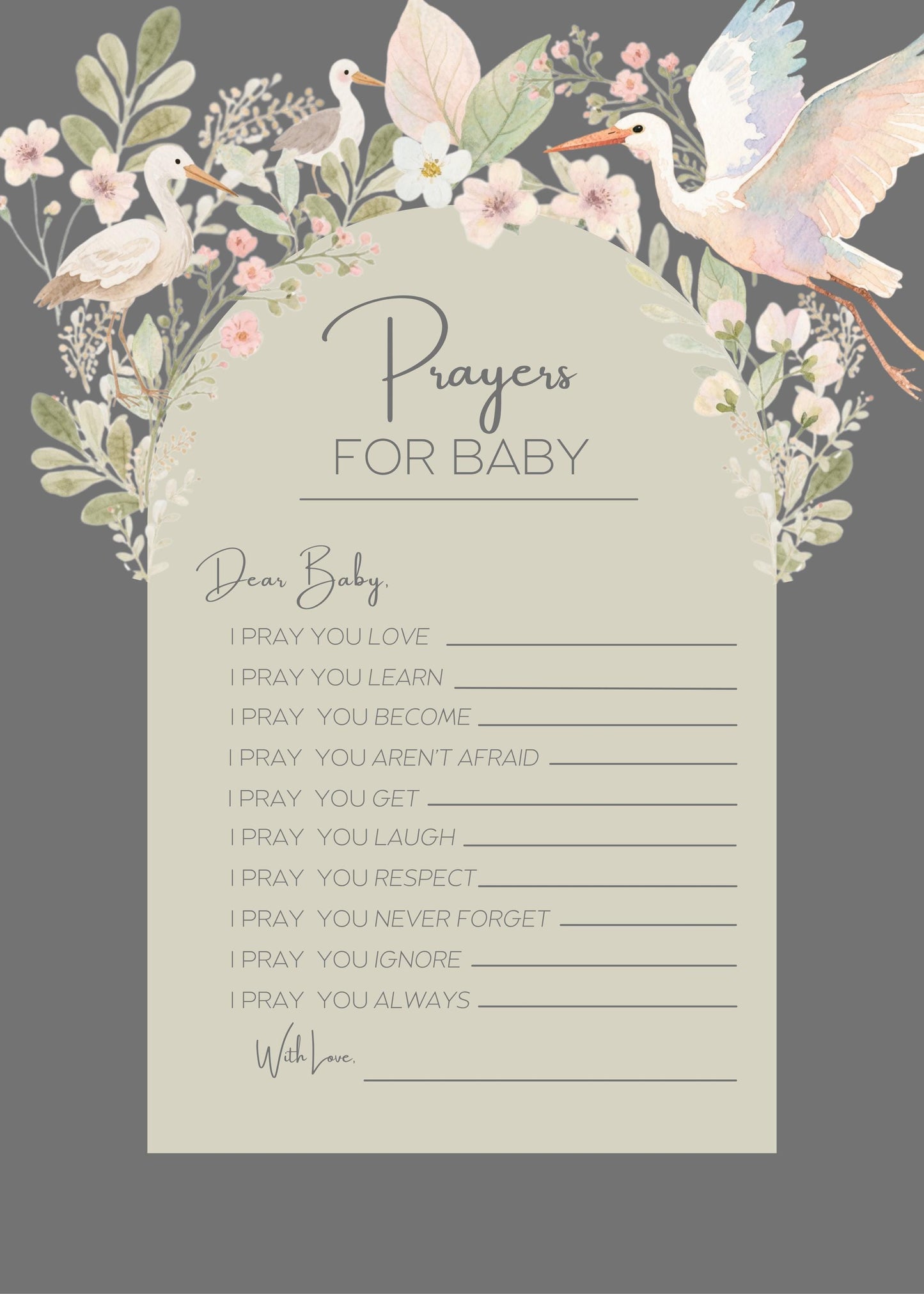 Baby Shower Template Digital Download Prayer Card Message Keeper Nursery Decor Floral Design Sage Green Botanical Print Baby Shower Activity