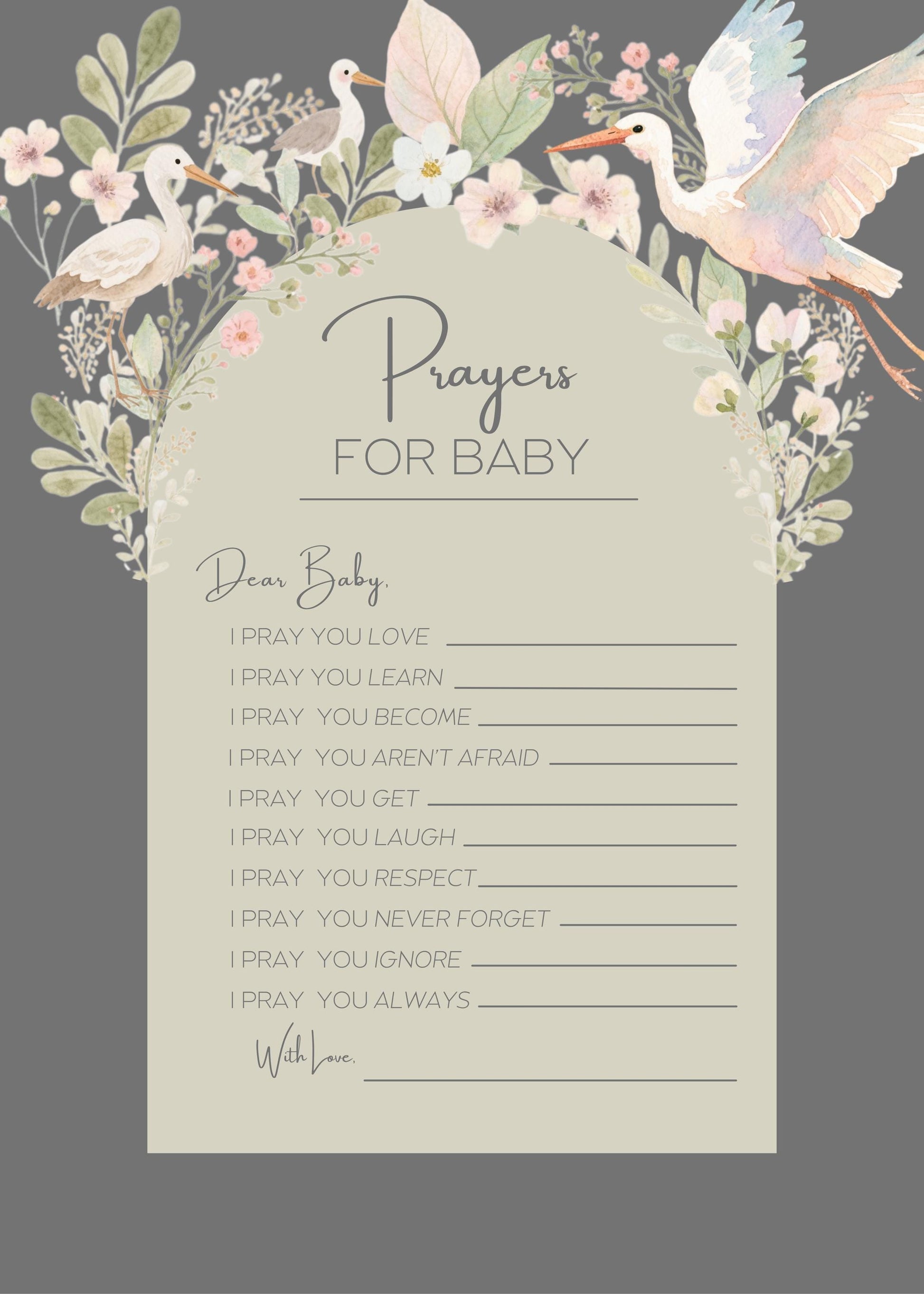 Baby Shower Template Digital Download Prayer Card Message Keeper Nursery Decor Floral Design Sage Green Botanical Print Baby Shower Activity