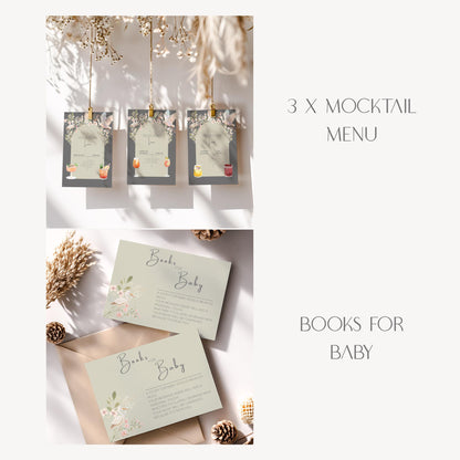 Digital Shower Template Baby Invitation Design Package Party Decoration Floral Accent Sage Green Nursery Theme Baby Shower Gift Set Canva