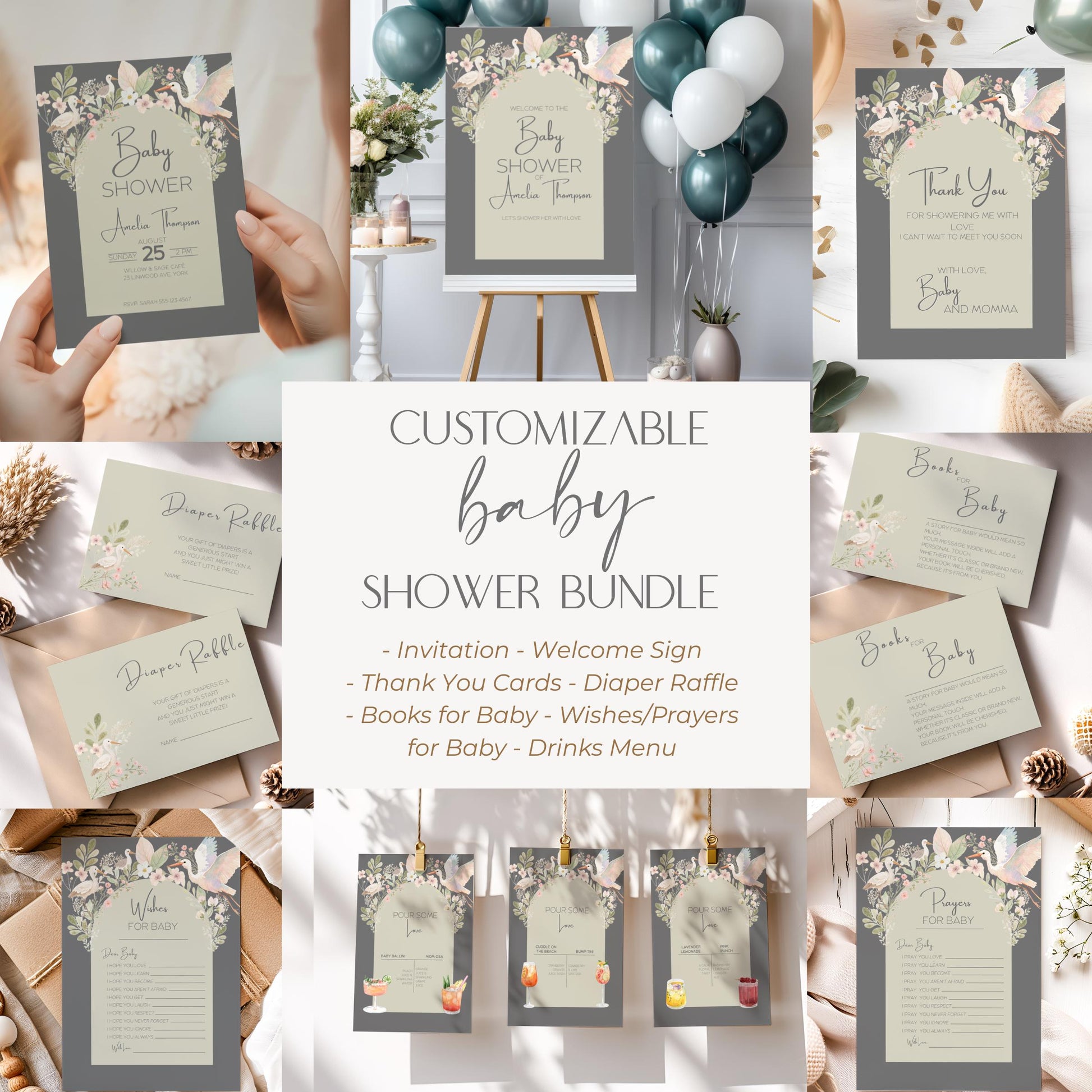 Digital Shower Template Baby Invitation Design Package Party Decoration Floral Accent Sage Green Nursery Theme Baby Shower Gift Set Canva