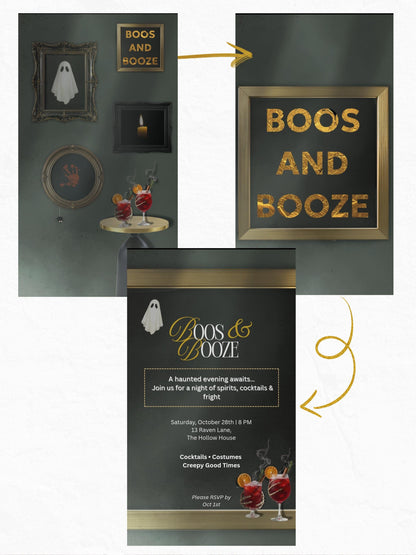 Boos and Booze Evite, Haunted Halloween Party Invitation, Spooky Cocktail Digital Invite, Editable Canva Template, Animated Halloween Evite