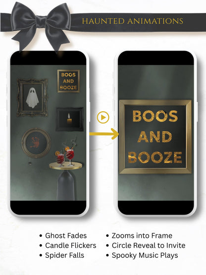 Boos and Booze Evite, Haunted Halloween Party Invitation, Spooky Cocktail Digital Invite, Editable Canva Template, Animated Halloween Evite