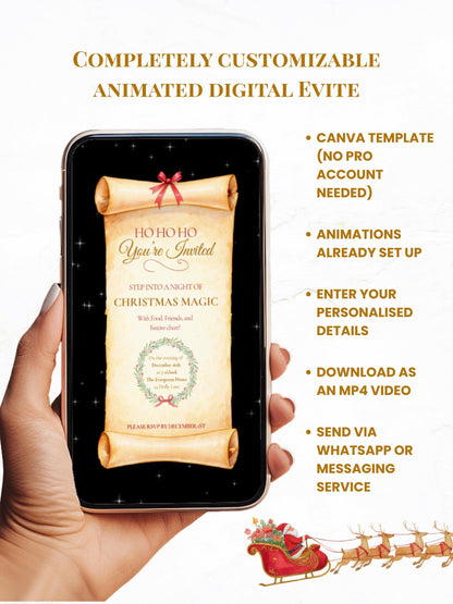 Magical Animated Christmas Party Evite, Enchanted Santa Digital Invitation, Editable Canva Template, Holiday Video Invite