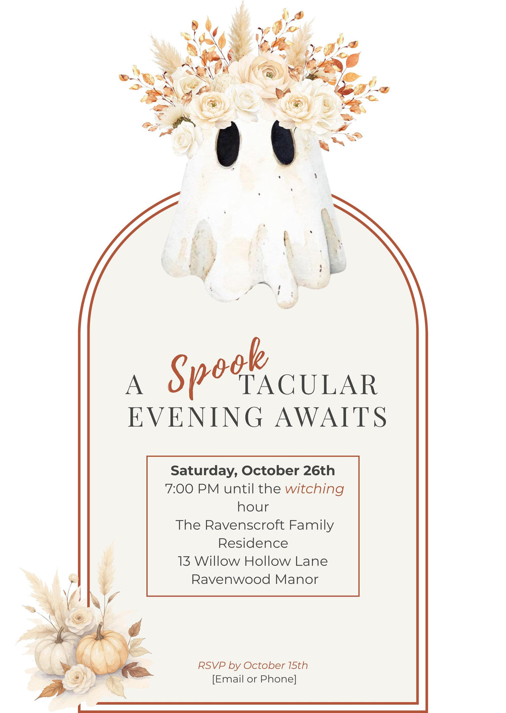 Halloween Party Invitation Template: Elegant Boho Ghost & Pumpkin (Instant Downloadable Canva Template 5x7" )