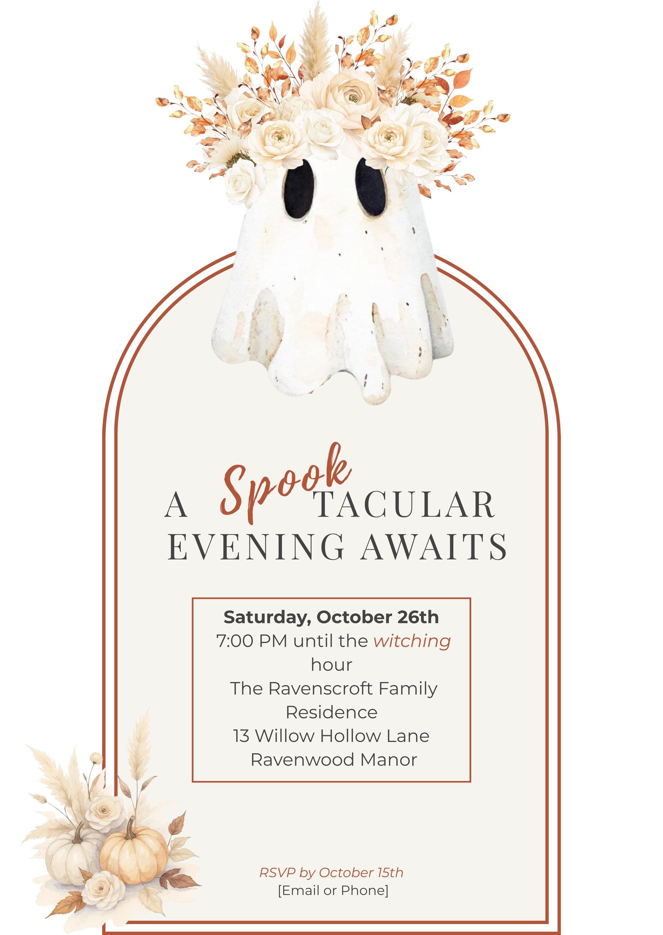 Halloween Party Invitation Template: Elegant Boho Ghost & Pumpkin (Instant Downloadable Canva Template 5x7" )