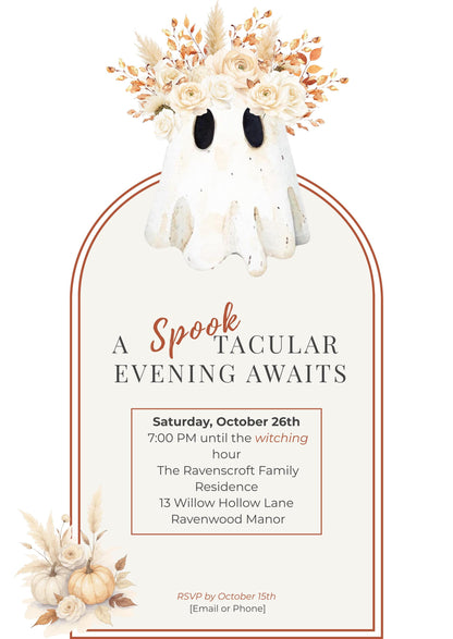 Halloween Party Invitation Template: Elegant Boho Ghost & Pumpkin (Instant Downloadable Canva Template 5x7" )