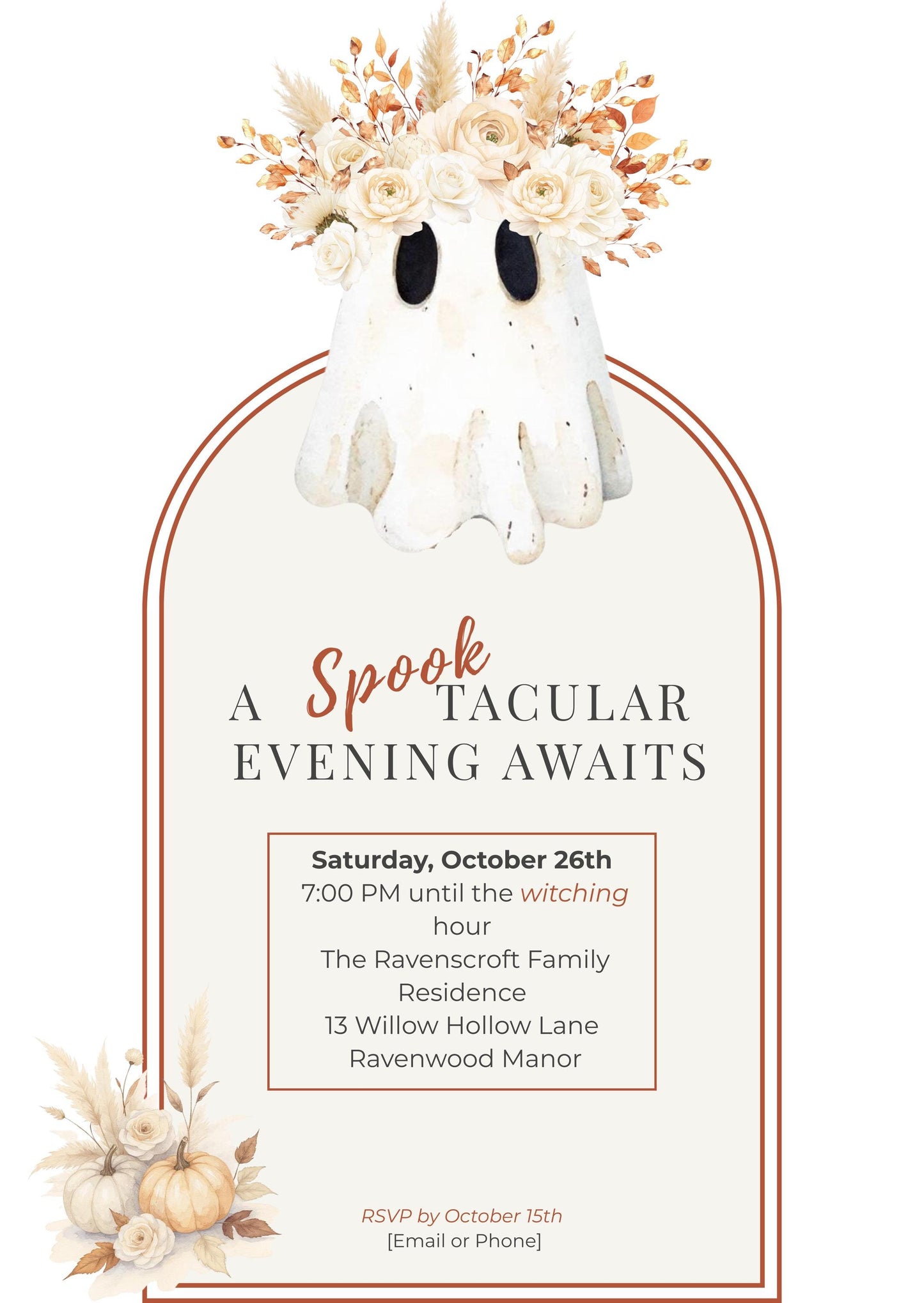 Halloween Party Invitation Template: Elegant Boho Ghost & Pumpkin (Instant Downloadable Canva Template 5x7" )