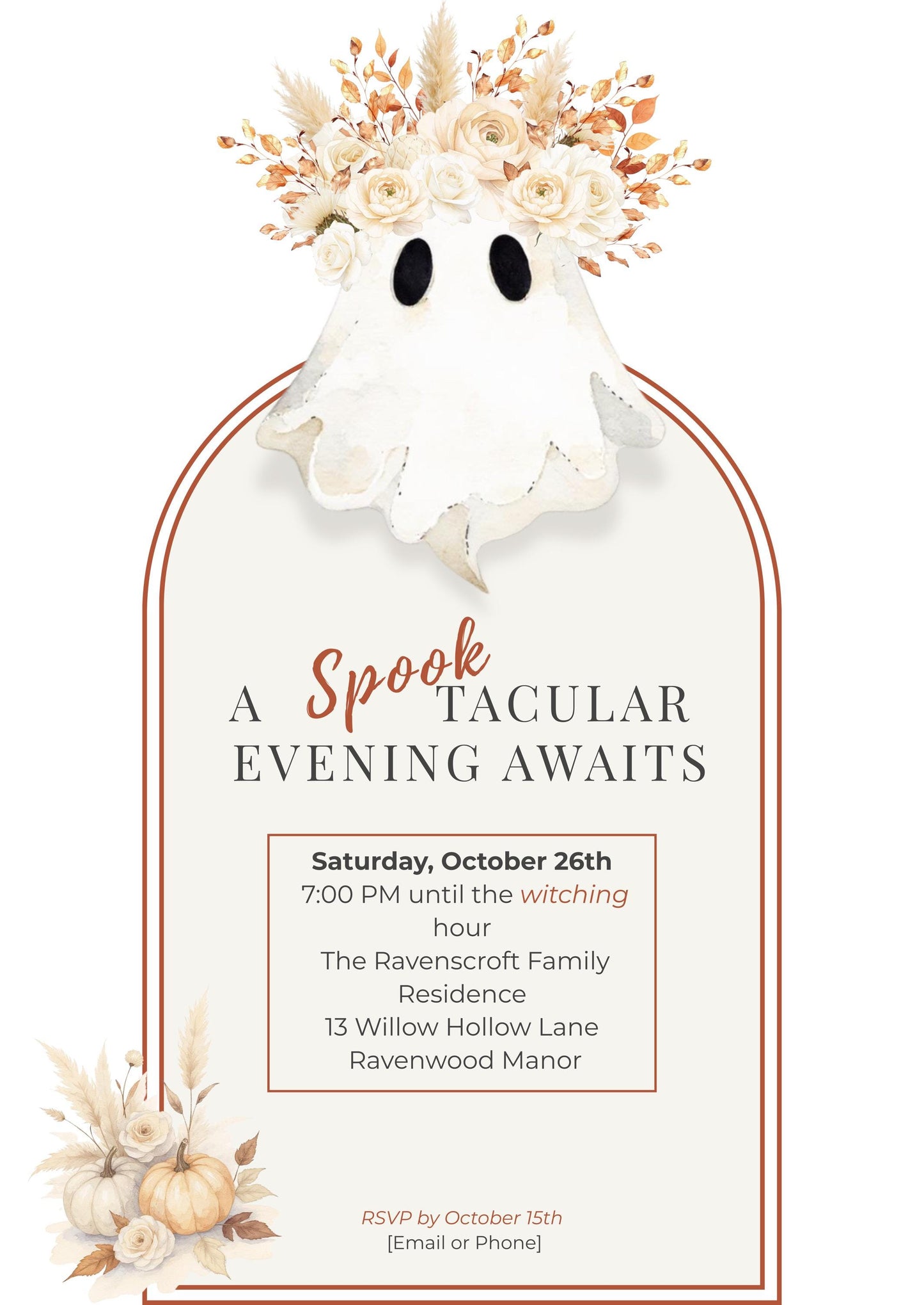 Halloween Party Invitation Template: Elegant Boho Ghost & Pumpkin (Instant Downloadable Canva Template 5x7" )