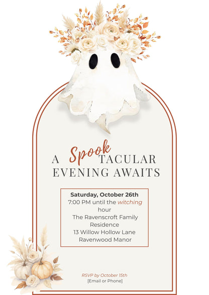 Halloween Party Invitation Template: Elegant Boho Ghost & Pumpkin (Instant Downloadable Canva Template 5x7" )
