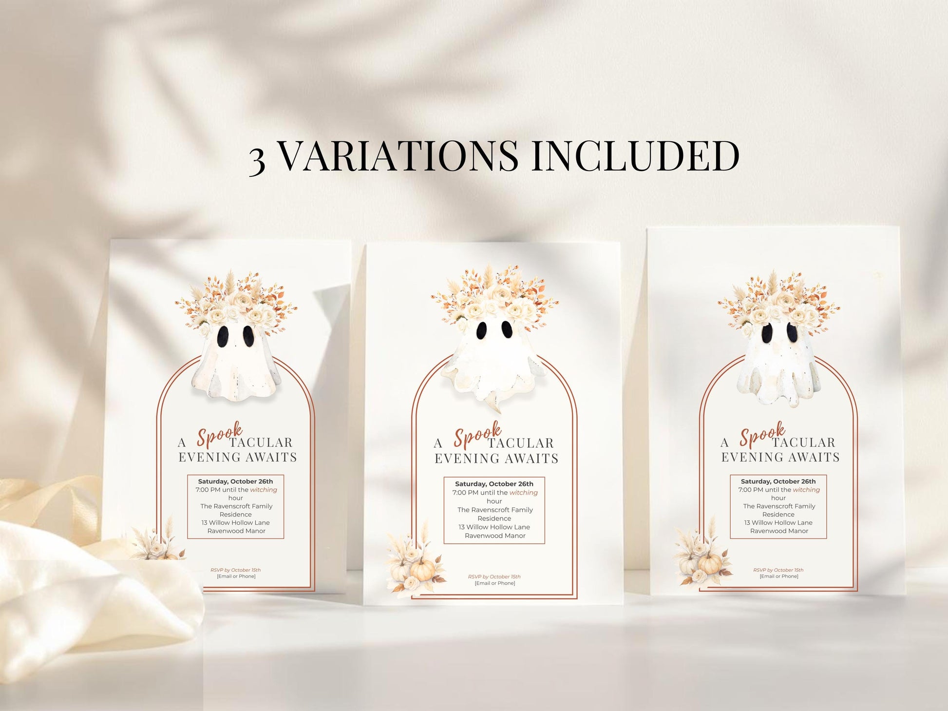 Halloween Party Invitation Template: Elegant Boho Ghost & Pumpkin (Instant Downloadable Canva Template 5x7" )