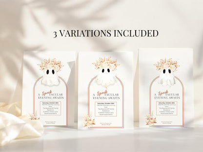 Halloween Party Invitation Template: Elegant Boho Ghost & Pumpkin (Instant Downloadable Canva Template 5x7" )