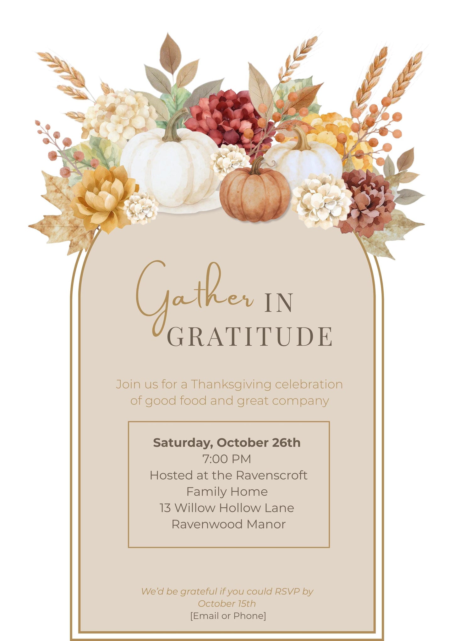 Thanksgiving Invitation Template Digital Download Canva Editable Fall Design Watercolor Pumpkin Harvest Party Invitation Printable Autumn