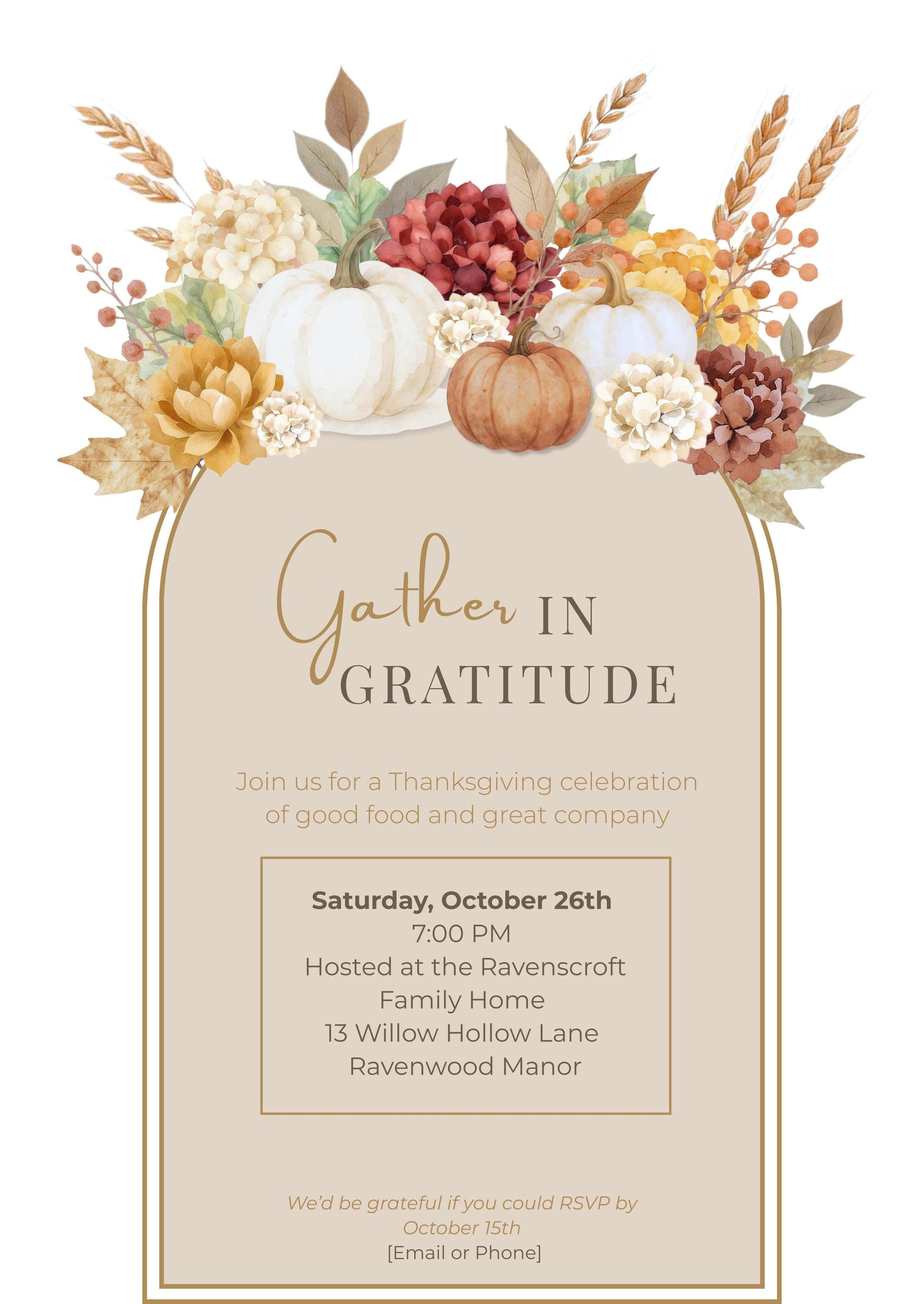 Thanksgiving Invitation Template Digital Download Canva Editable Fall Design Watercolor Pumpkin Harvest Party Invitation Printable Autumn
