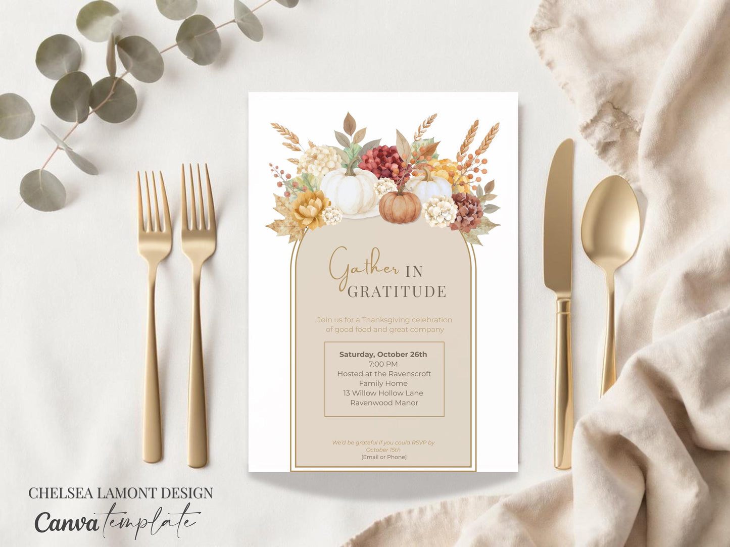 Digital Thanksgiving Template Watercolor Fall Design Harvest Party Invitation Printable Autumn Gathering Custom Editable Format Premium Quality Layout Beautiful Pumpkin Artwork Wheat Accent Details Online Design Platform Easy Customization