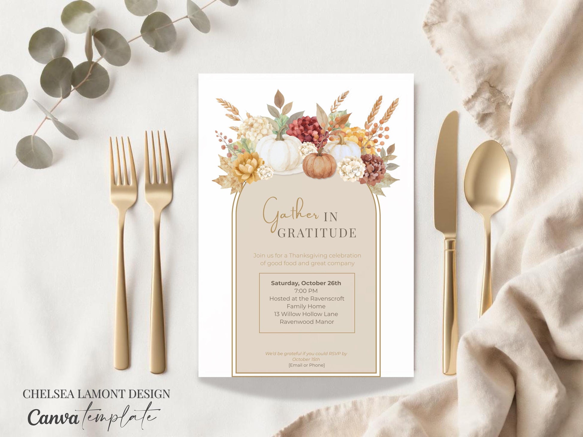 Digital Thanksgiving Template Watercolor Fall Design Harvest Party Invitation Printable Autumn Gathering Custom Editable Format Premium Quality Layout Beautiful Pumpkin Artwork Wheat Accent Details Online Design Platform Easy Customization