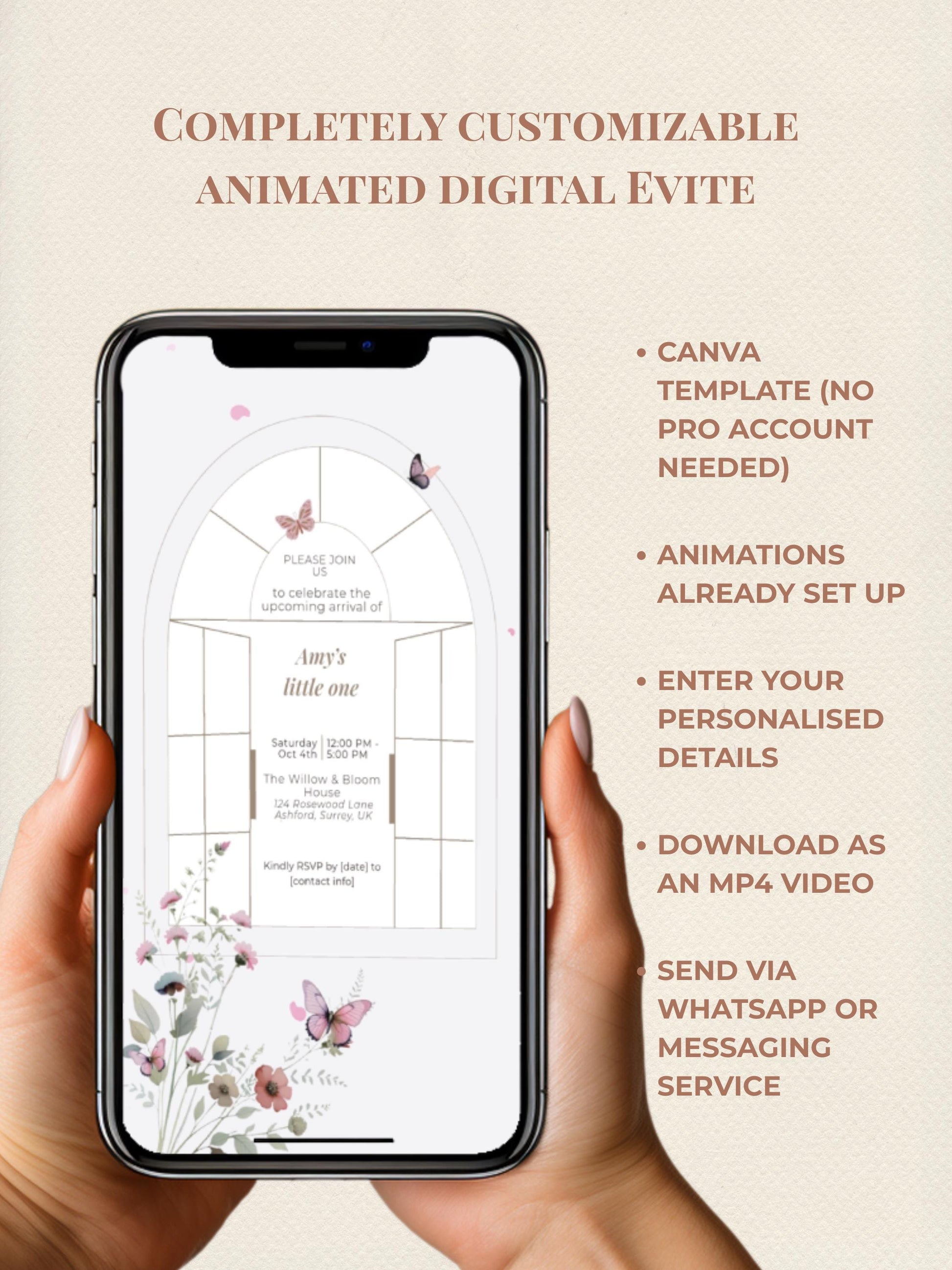 Animated Baby Shower Invitation, Butterfly Digital Evite Template, Editable Canva Video Invite, Floral Virtual Baby Shower Announcement