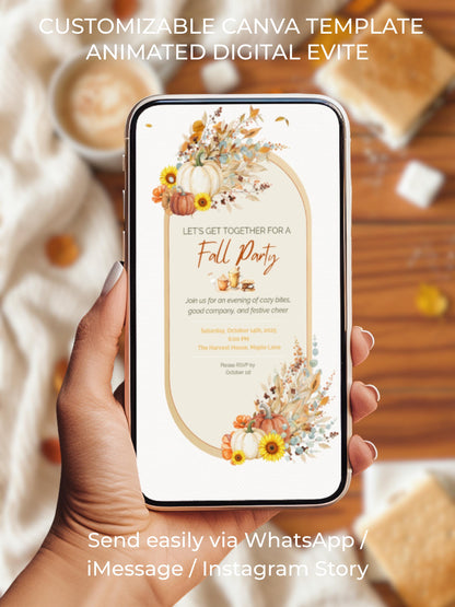 Animated Fall Party Invitation: Autumn Pumpkin Digital Evite, Harvest Party (Canva Template, Instant Download)