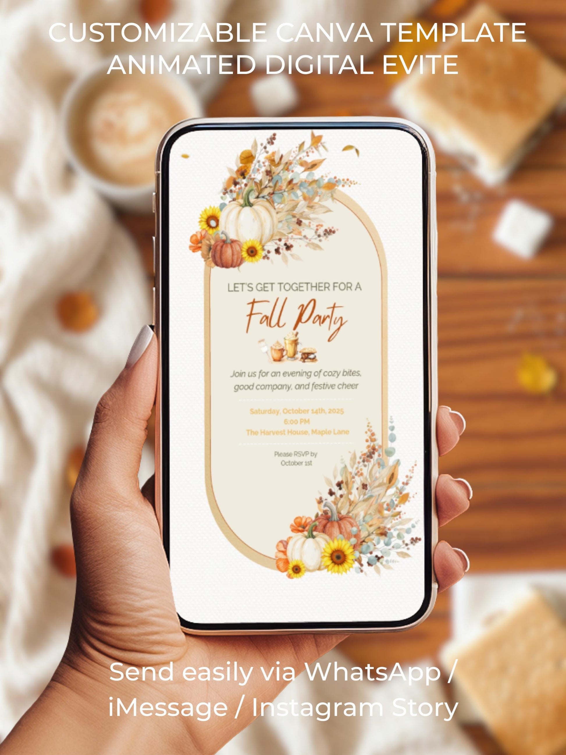Animated Fall Party Invitation: Autumn Pumpkin Digital Evite, Harvest Party (Canva Template, Instant Download)