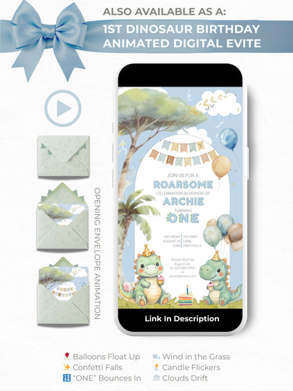 1st Birthday Invitation Customizable Dinosaur Editable Template Cute Watercolor Dino Party Invite for Boys or Girls Themed Birthday Canva