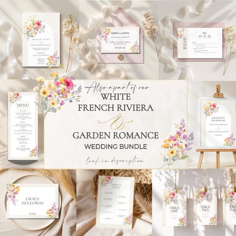 Digital Save Date Floral Template Watercolor Design Wedding Invitation Gold Border Modern Font Template DIY Download Bride Card Customizable