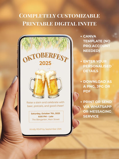 Printable Oktoberfest Invitation - Beer Party Invite with Watercolor Mugs & Hops (Customizable digital Editable Canva Template)