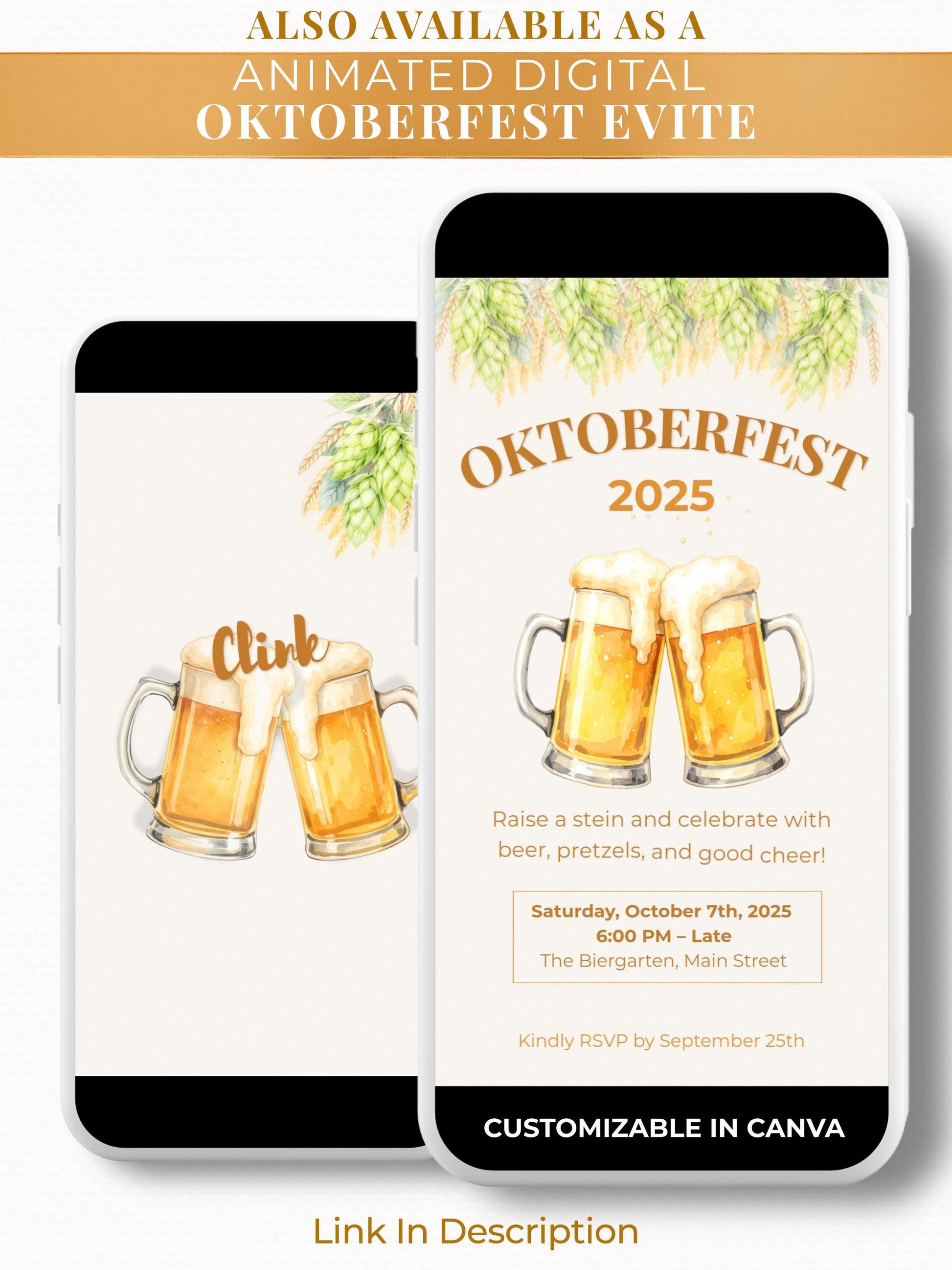 Printable Oktoberfest Invitation - Beer Party Invite with Watercolor Mugs & Hops (Customizable digital Editable Canva Template)