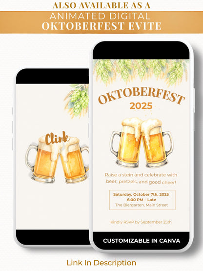 Printable Oktoberfest Invitation - Beer Party Invite with Watercolor Mugs & Hops (Customizable digital Editable Canva Template)