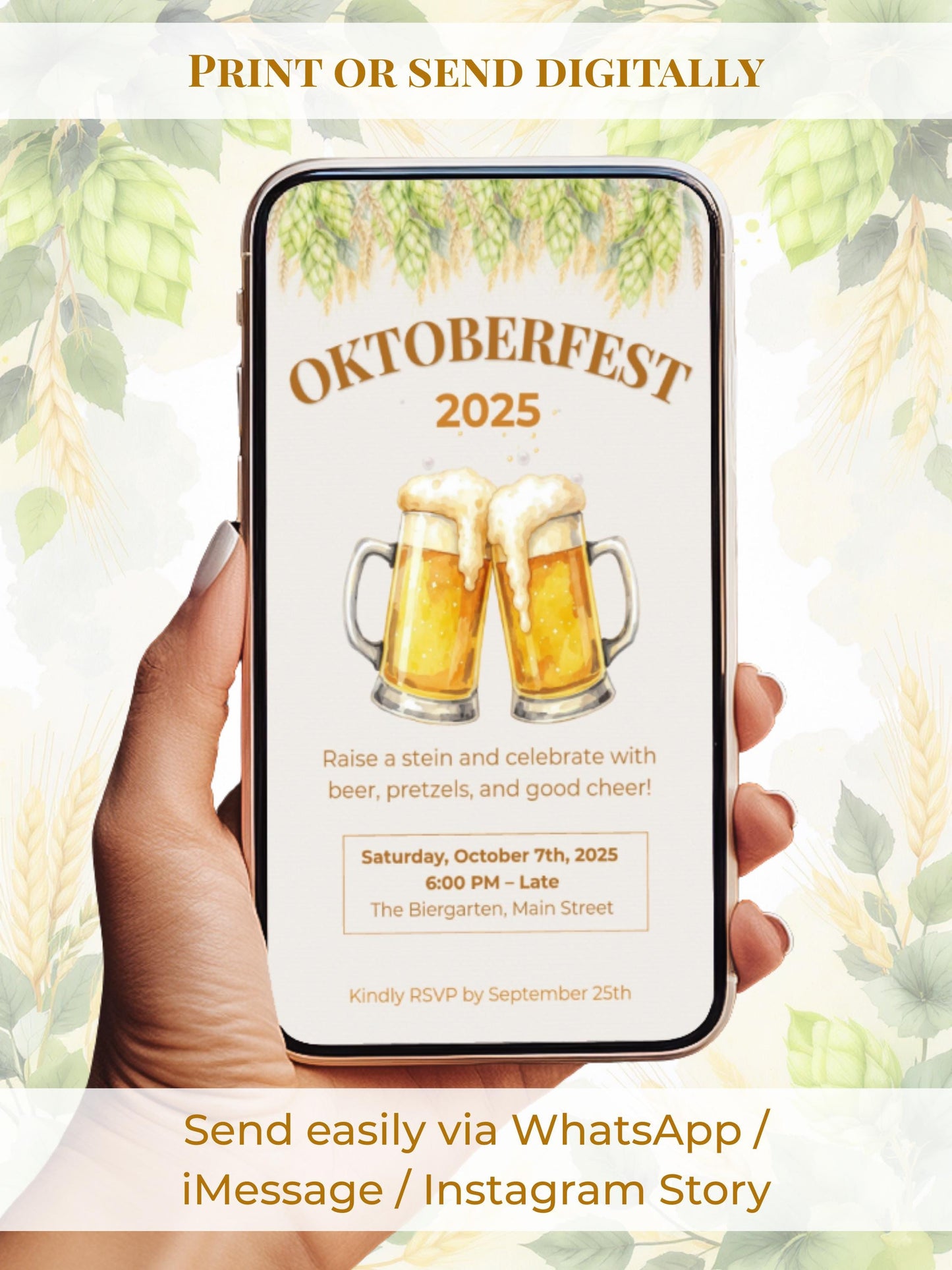 Printable Oktoberfest Invitation - Beer Party Invite with Watercolor Mugs & Hops (Customizable digital Editable Canva Template)