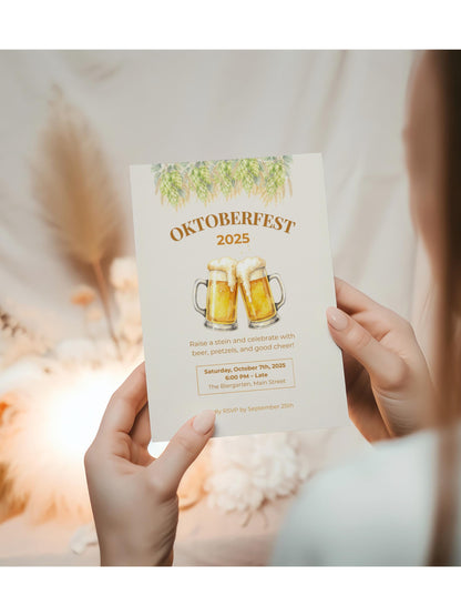 Printable Oktoberfest Invitation - Beer Party Invite with Watercolor Mugs & Hops (Customizable digital Editable Canva Template)