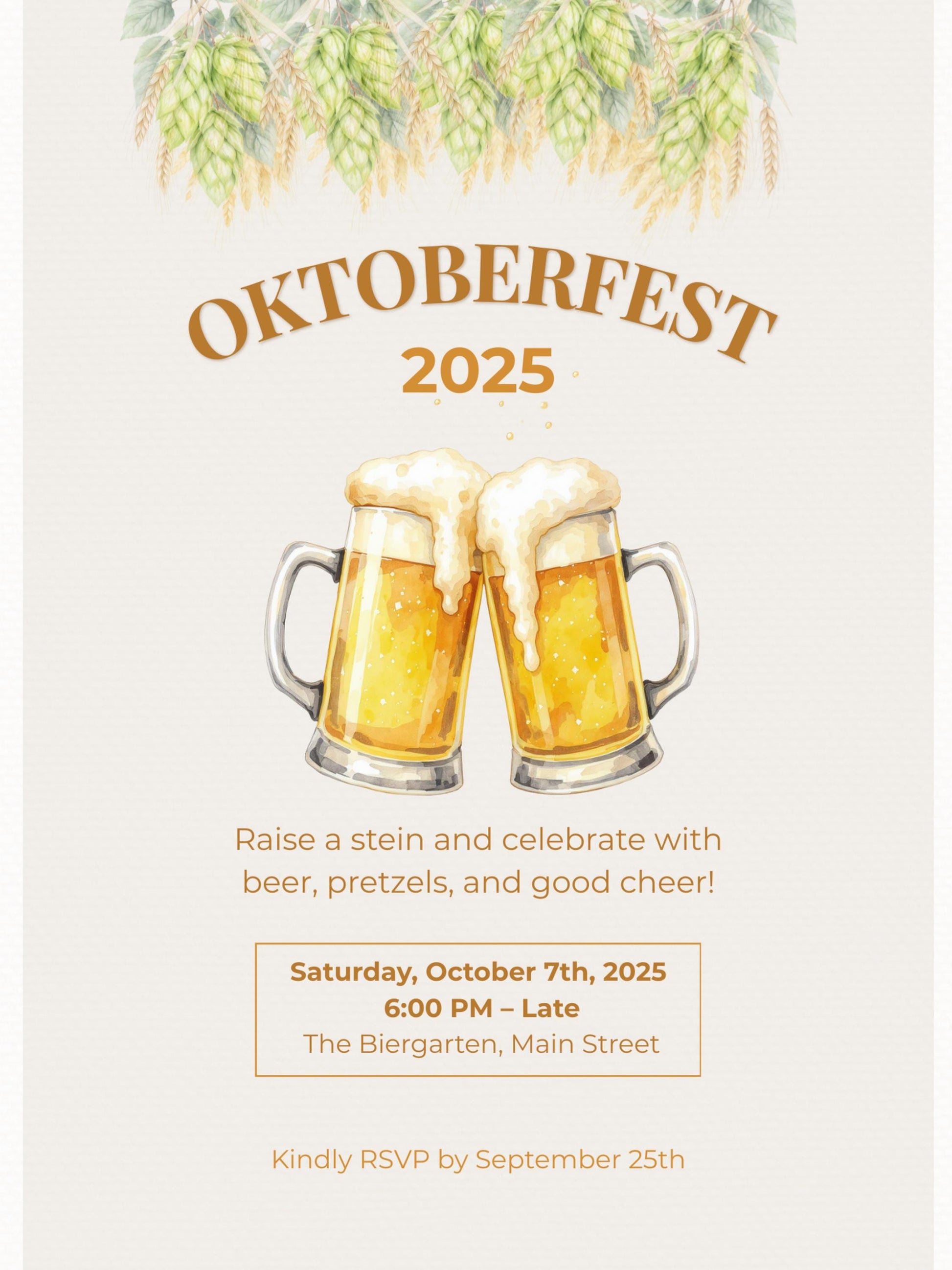 Printable Oktoberfest Invitation - Beer Party Invite with Watercolor Mugs & Hops (Customizable digital Editable Canva Template)