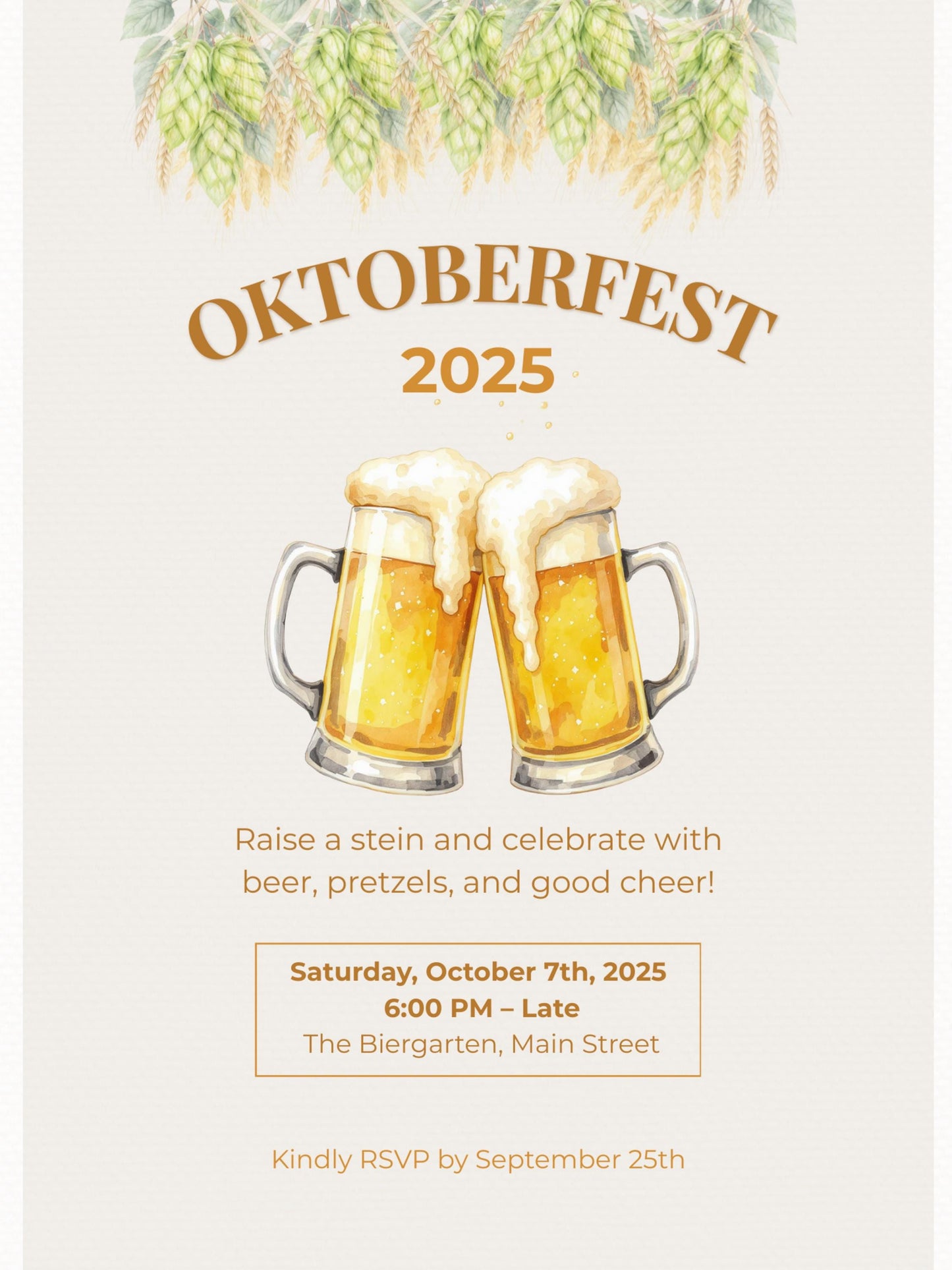 Printable Oktoberfest Invitation - Beer Party Invite with Watercolor Mugs & Hops (Customizable digital Editable Canva Template)